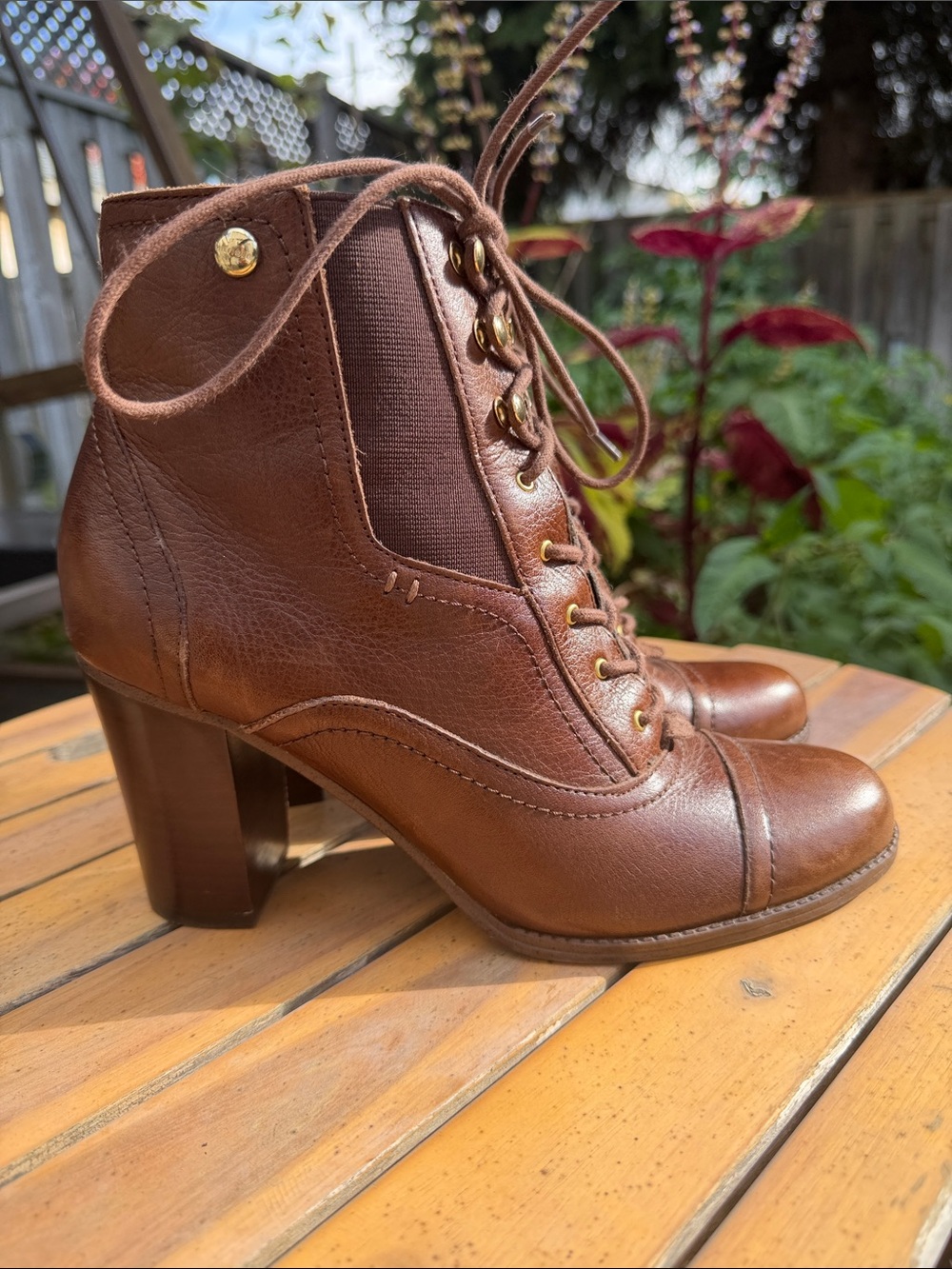 Tommy Hilfiger Cognac Brown Leather Lace Up Ankle Boots Heeled Size 8.5